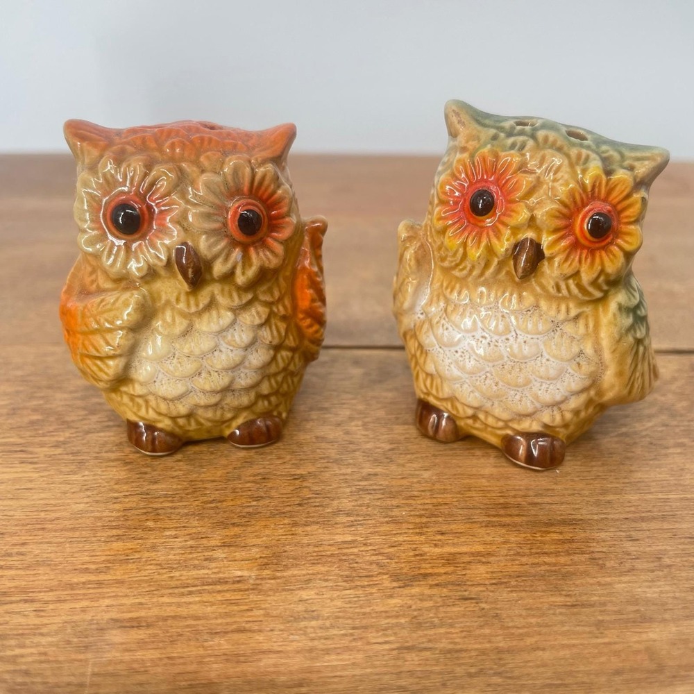 VTG Cracker Barrel Fall Harvest Ceramic‎ Owl Salt and Pepper Shakers Retro Decor